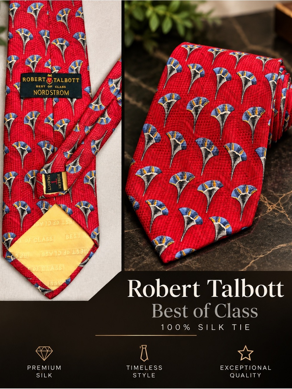 Robert Talbott Red Silk Tie with Blue and Gold Fan Motif